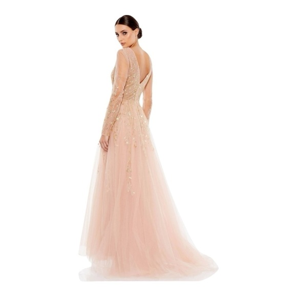 Mac Duggal Embellished V Neck Long Sleeve A Line Gown in Pink Champagne NWT - Picture 4 of 5